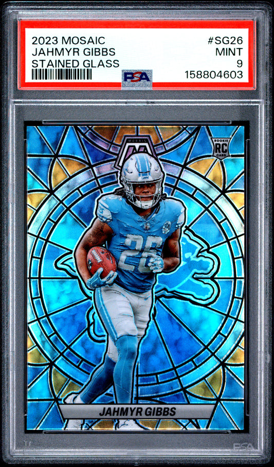 2023 Panini Mosaic Football Jahmyr Gibbs #SG-26 Mosaic Stained Glass English PSA 9