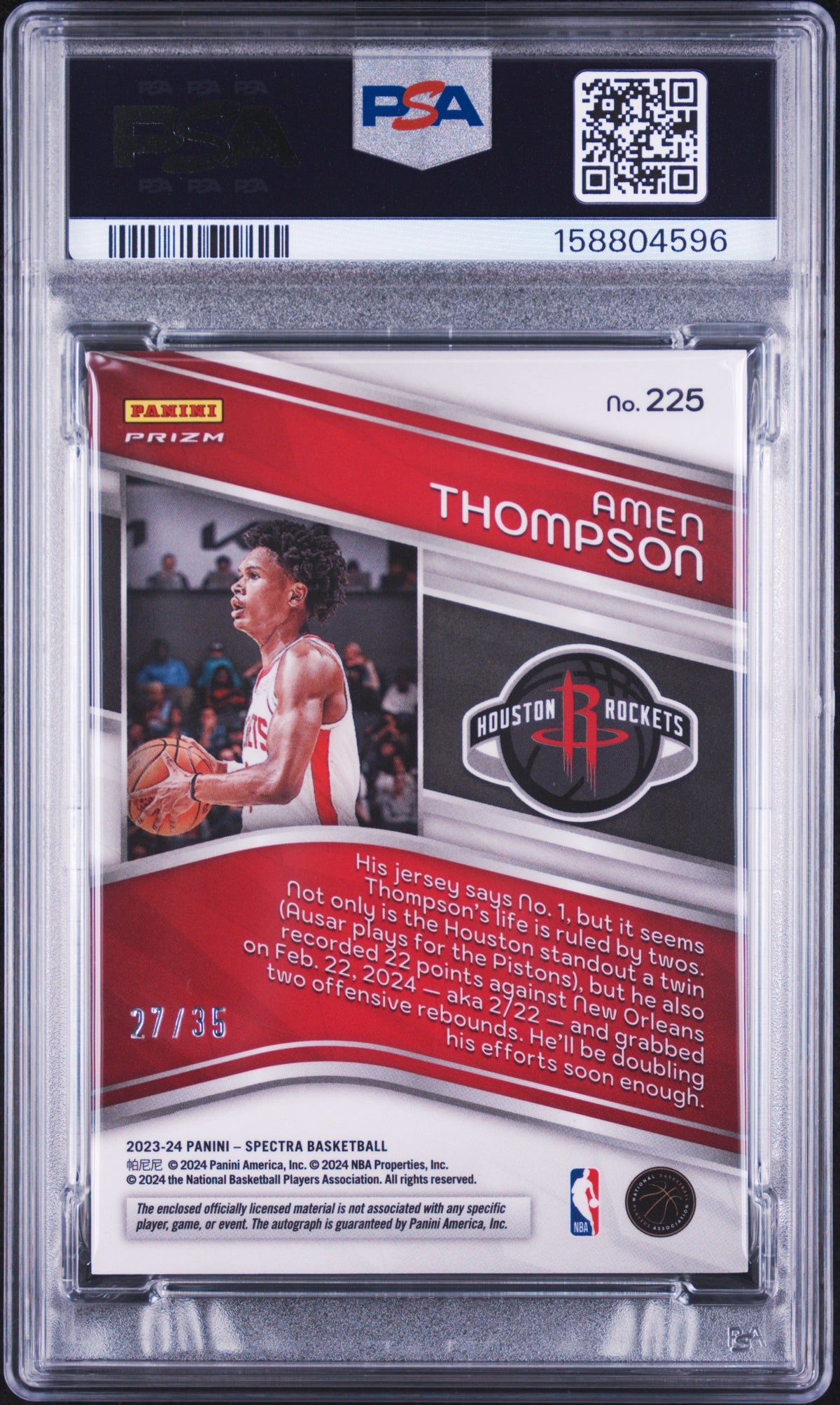 2023 Panini Basketball Amen Thompson #225 Jersey Autograph English PSA 8