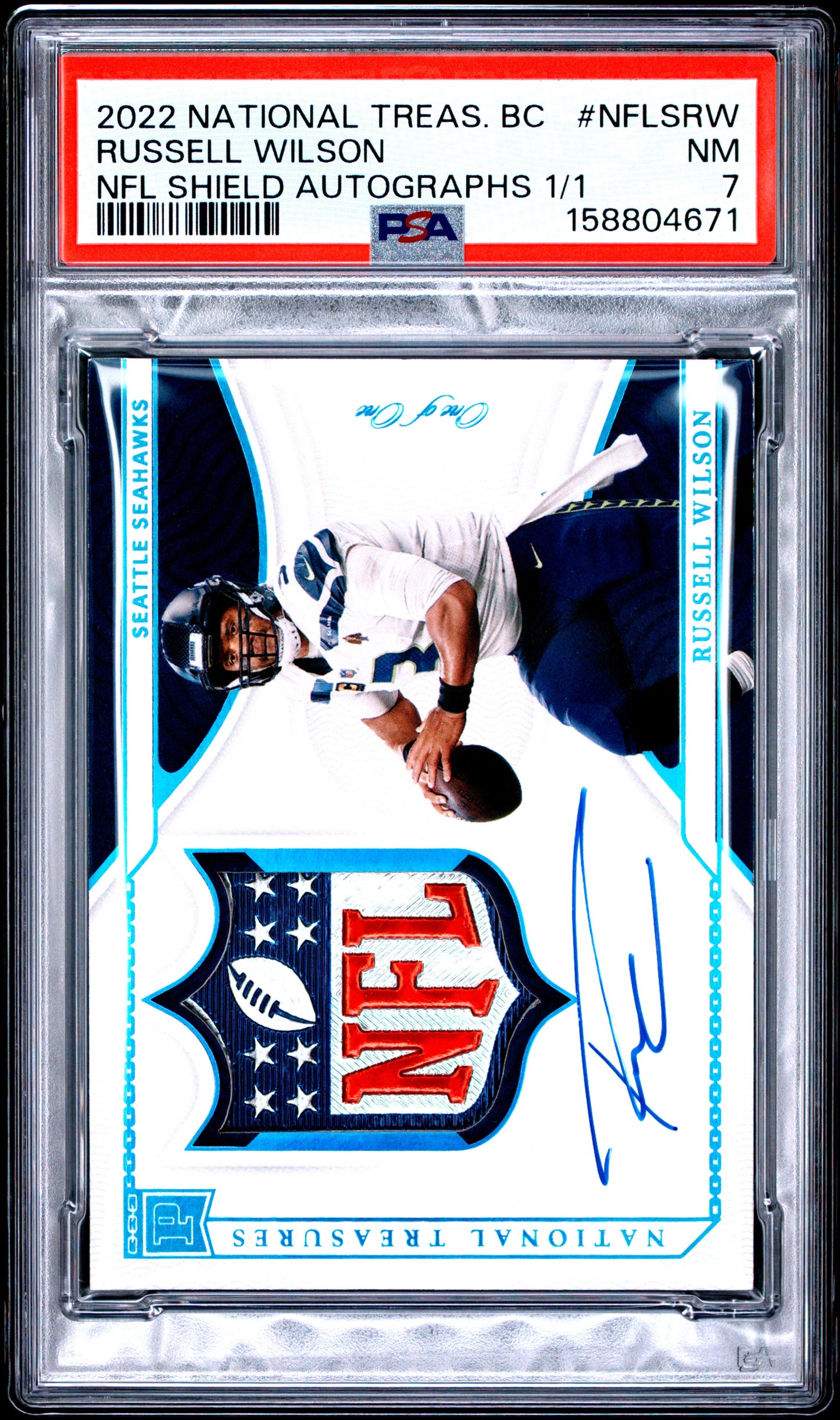 2022 unknown unknown Panini National Treasures Blockchain NFL Shield Autographs Russell Wilson 1/1 NFLSRW English PSA 7