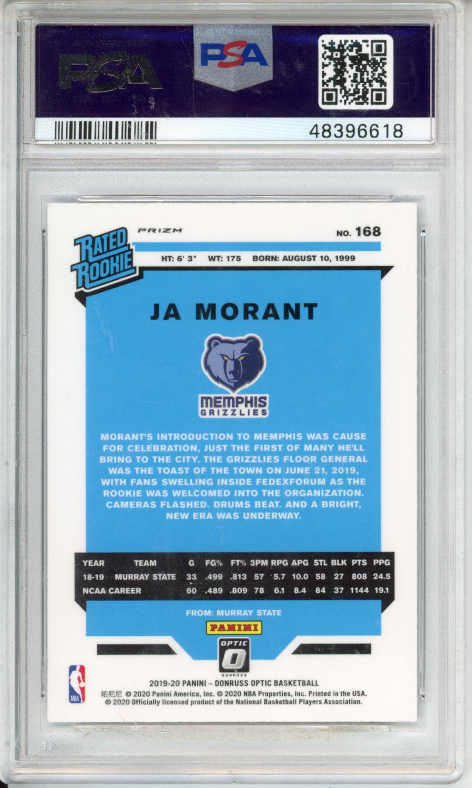 2019 Panini Donruss Optic Ja Morant #168 Fanatics PSA 10