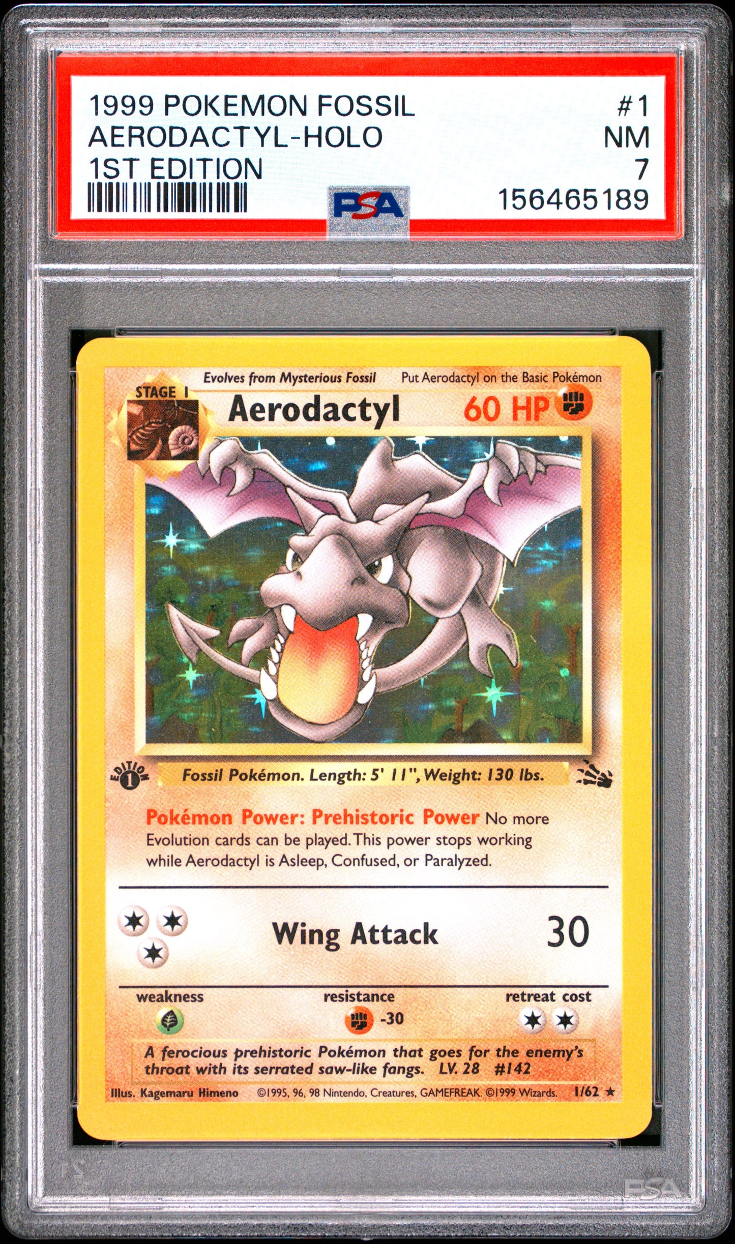 1999 Fossil AERODACTYL-HOLO #1 1ST EDITION English PSA 7