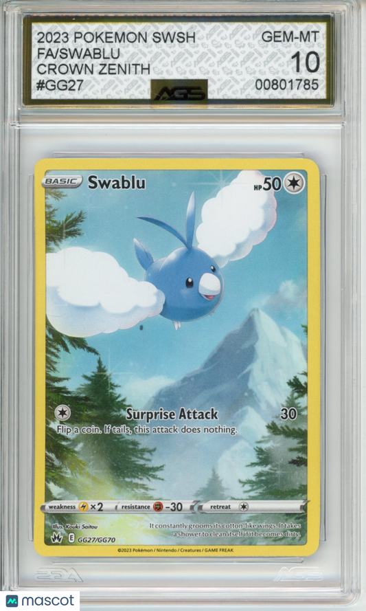 2023 Pokemon Crown Zenith Swablu #GG27 Unlimited AGS 10
