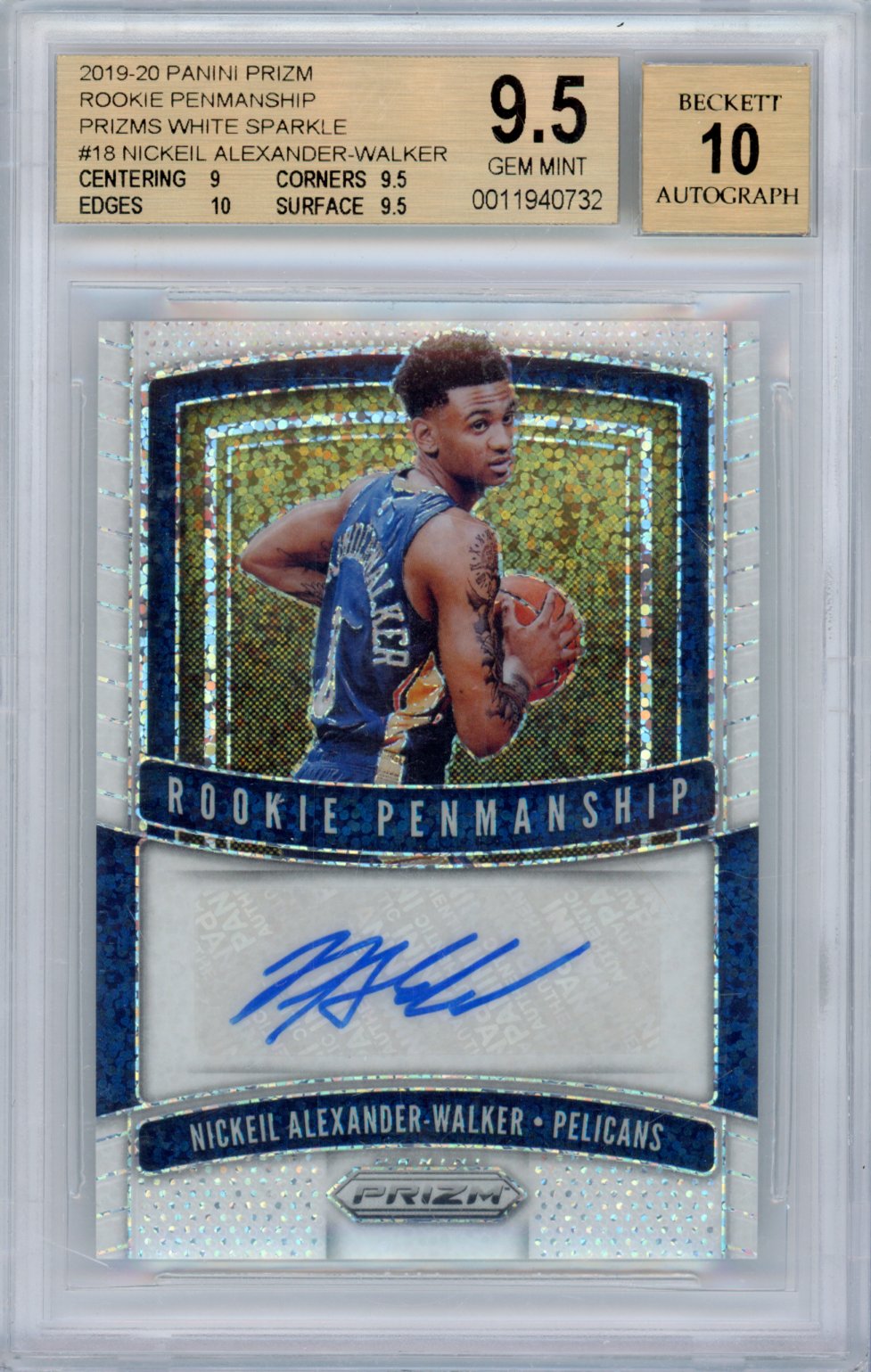 2019 Panini Prizm Rookie Penmanship Nickeil Alexander-Walker #18 Prizms White Sparkle English BGS 9.5