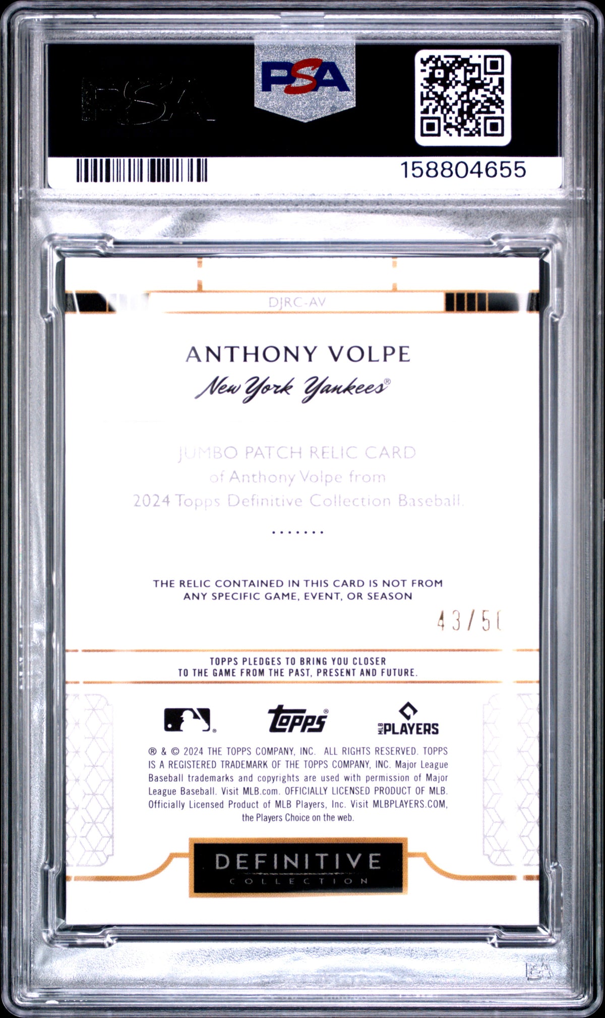 2024 Topps Definitive Collection Baseball Anthony Volpe #DJRC-AV Definitive Collection Jumbo Relic Collection English PSA 7
