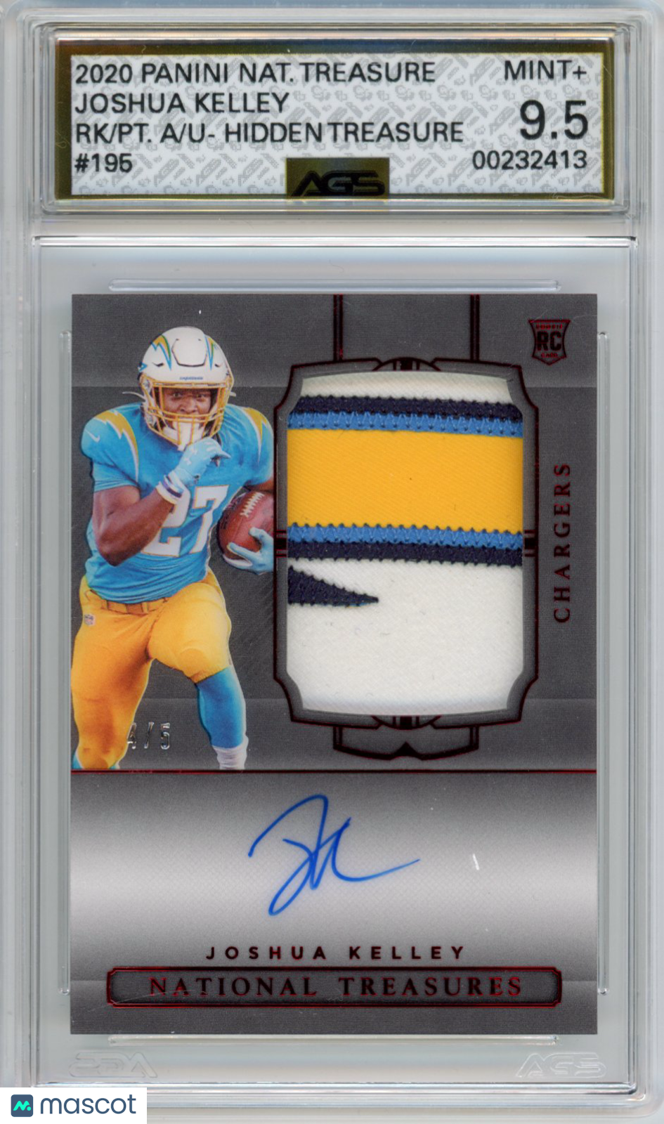 2021 National Treasures Joshua Kelley #195 Rookie Patch Auto RPA RC AGS 9.5