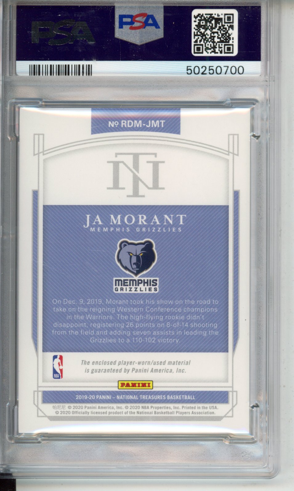 2019 Panini National Treasures Rookie Dual Materials Ja Morant #JMT PSA 10