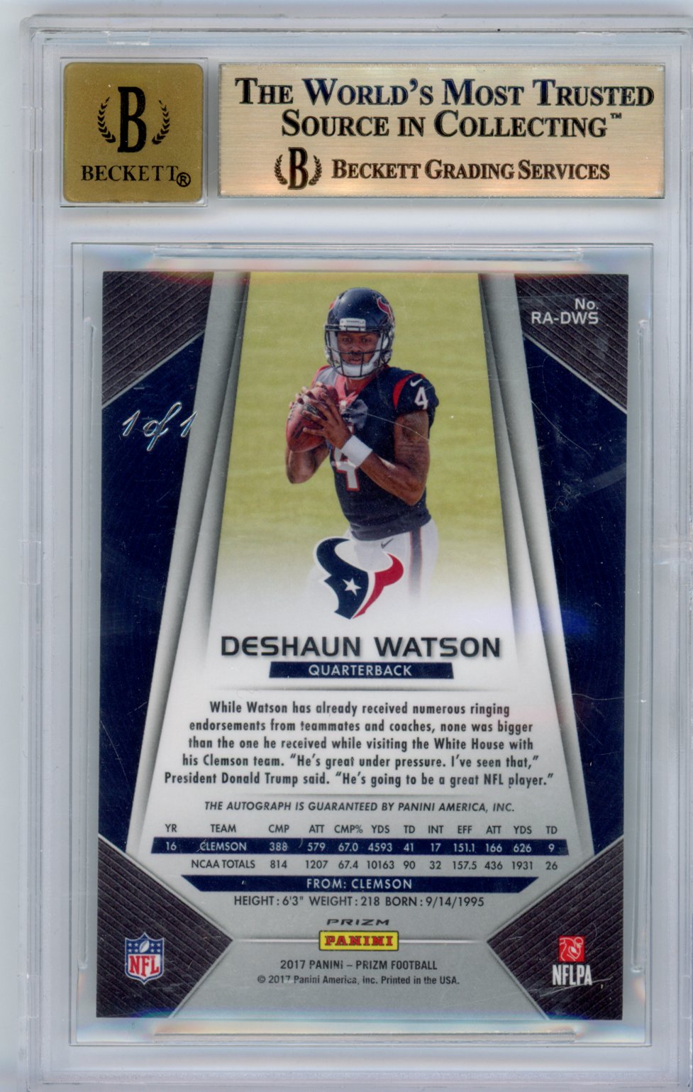 2017 Panini Prizm Rookie Autographs Deshaun Watson #RADWS Prizms Black Finite English BGS 9.5