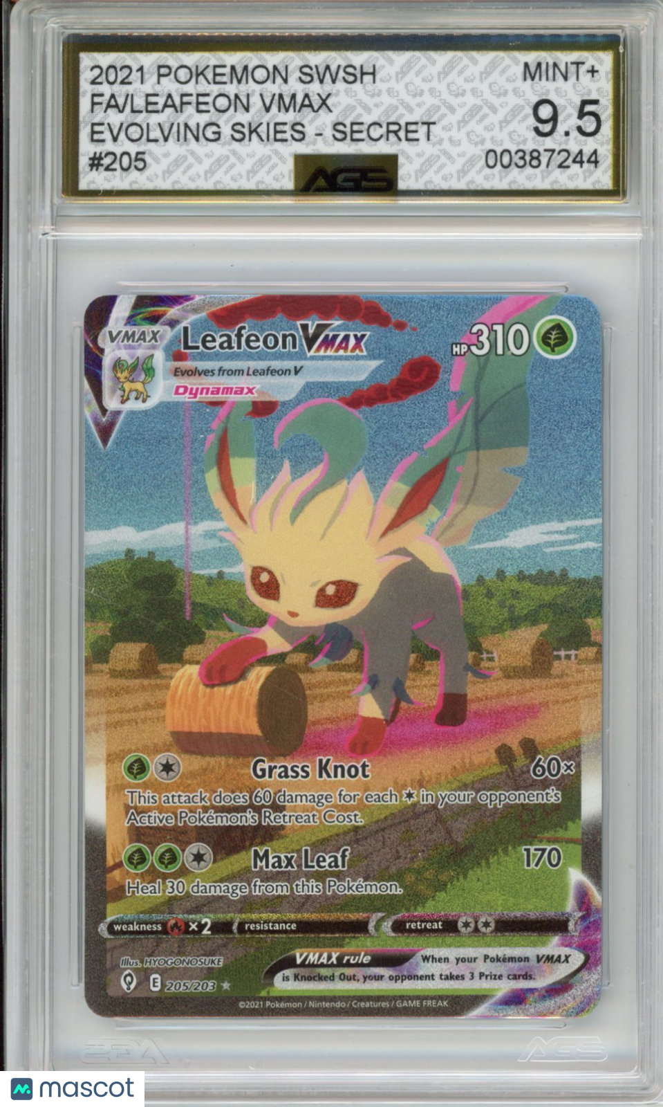 2021 Pokemon Evolving Skies Leafeon VMAX #205 AGS 9.5