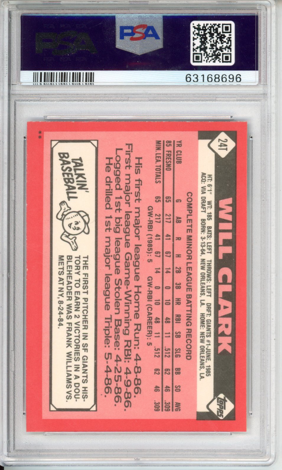 1986 Topps Traded Will Clark #24T PSA 10