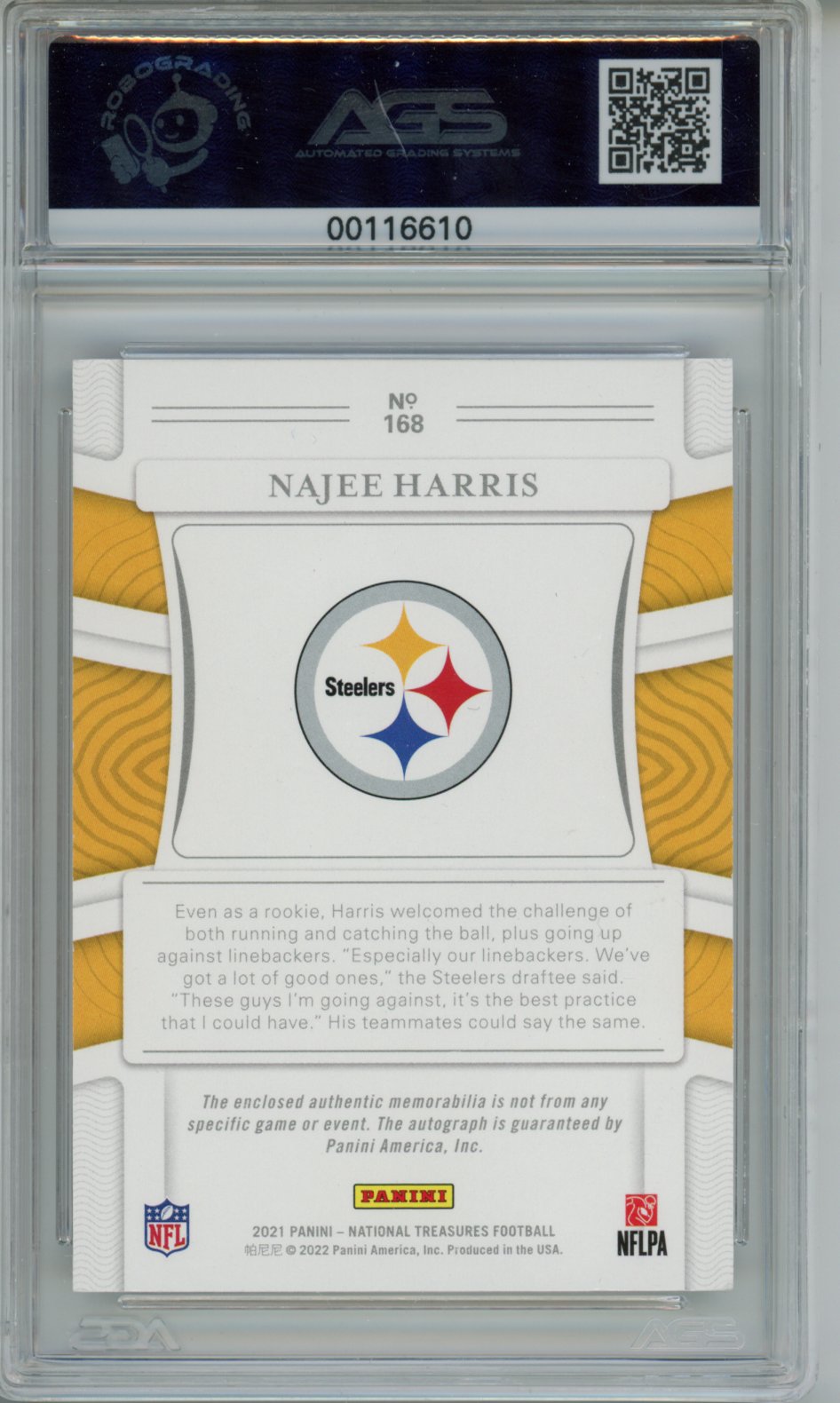 2021 National Treasures Najee Harris #168 Rookie Patch Auto RPA Shield RC AGS 9