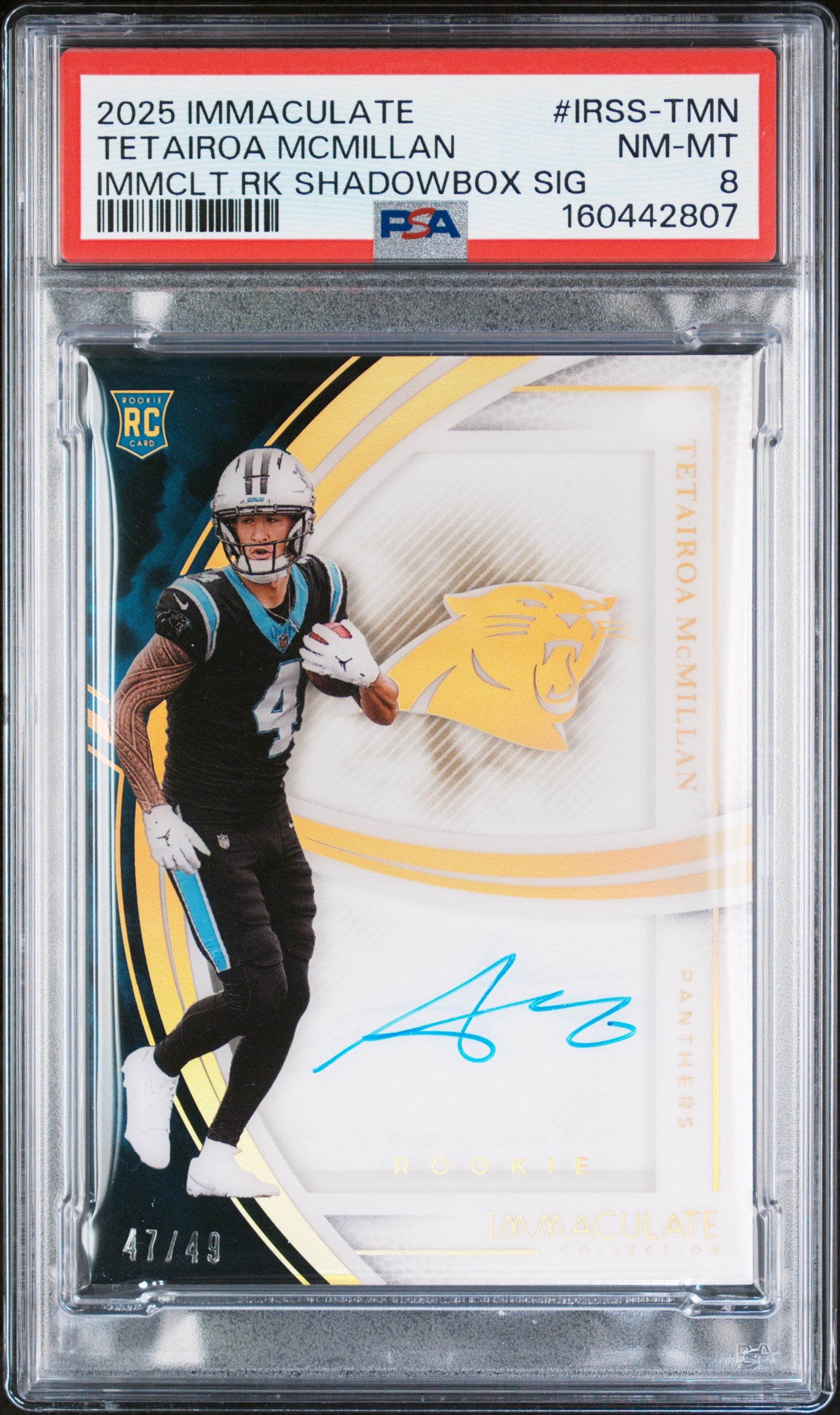 2025 Panini Panini Panini Panini Immaculate Collection Immaculate Rookie Shadowbox Signatures Tetairoa Mcmillan IRSS-TMN Immaculate Collection Immaculate Shadowbox Signatures Tetairoa Mcmillan IRSS-TMN English PSA 8