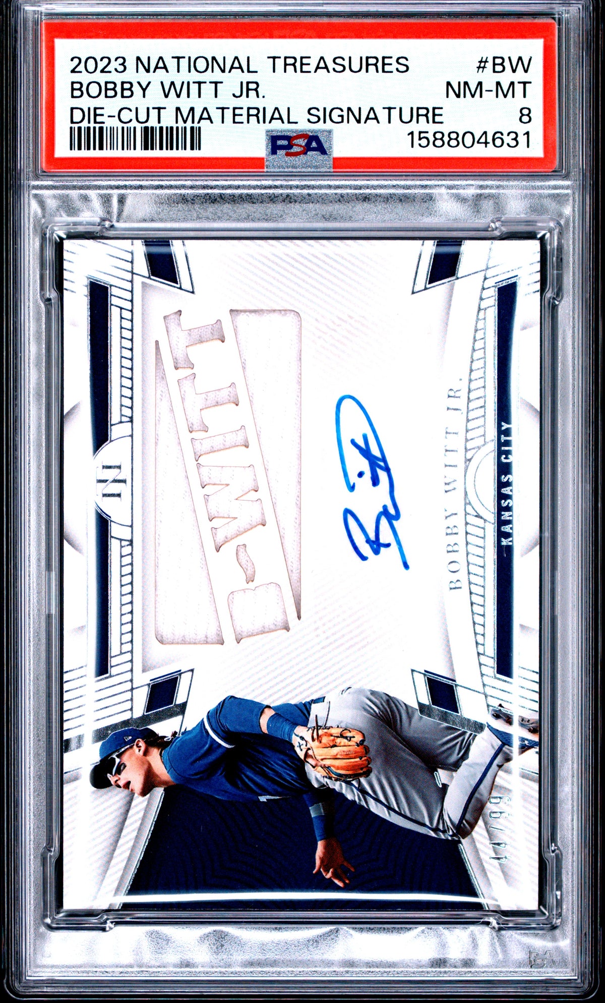 2023 Panini National Treasures Die-Cut Material Signatures Bobby Witt Jr. BW English PSA 8
