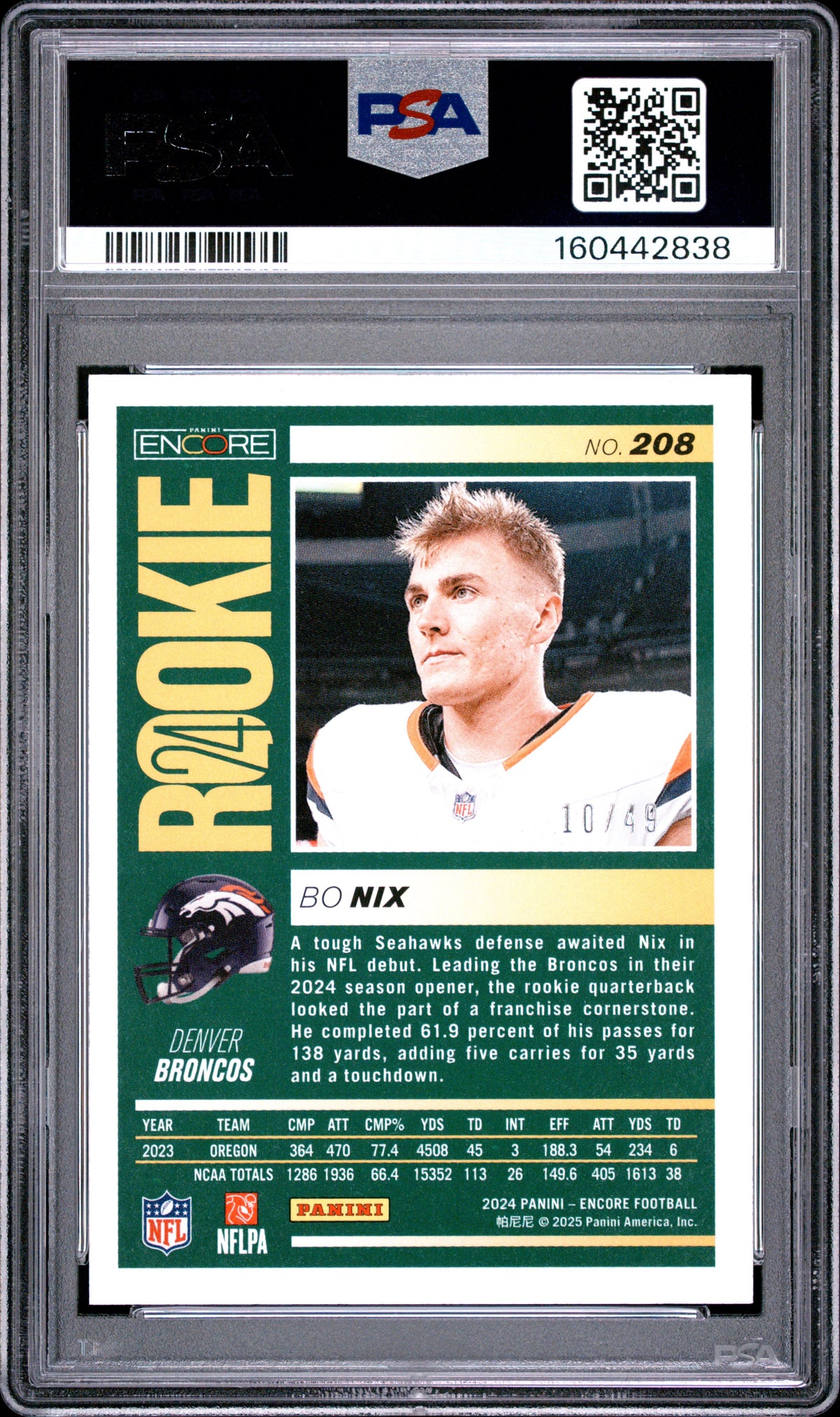 2024 Panini Encore Football Bo Nix #208 Red English PSA 6