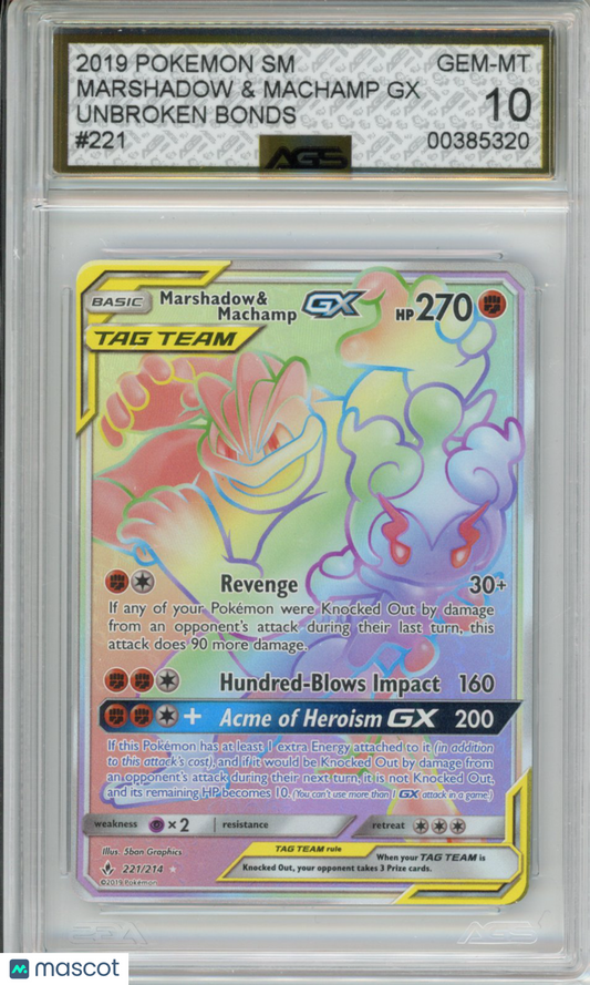 2019 Pokemon Unbroken Bonds Marshadow & Machamp GX #221 AGS 10