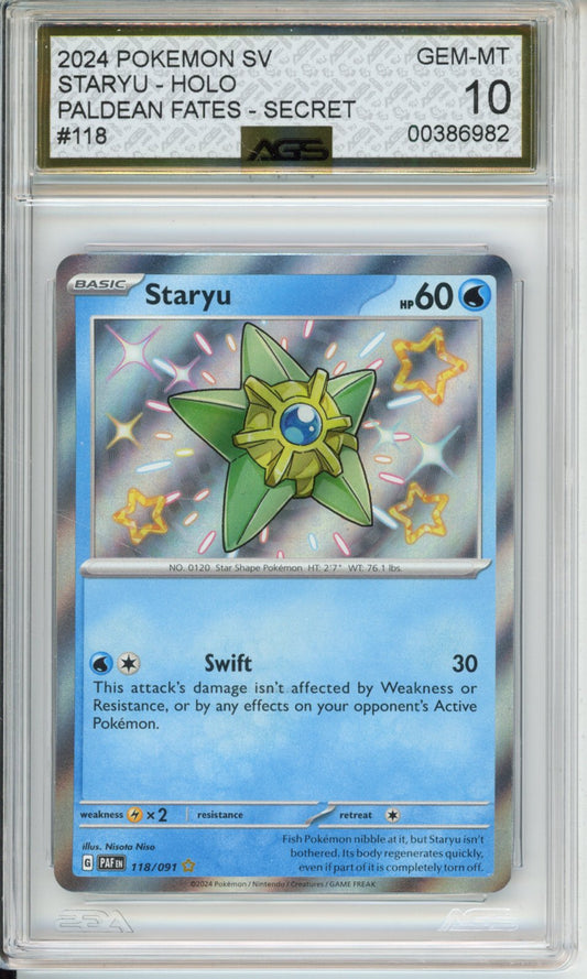 2024 Scarlet & Violet Series Paldean Fates Staryu #118 English AGS 10