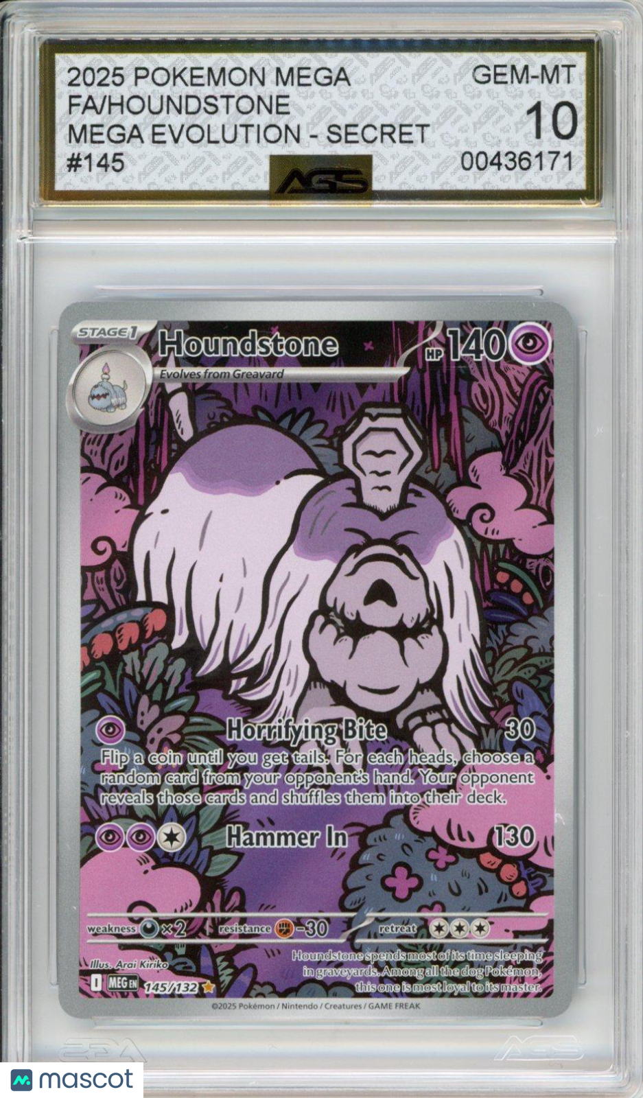 2025 Pokemon MEGA EVOLUTION Houndstone #145 AGS 10