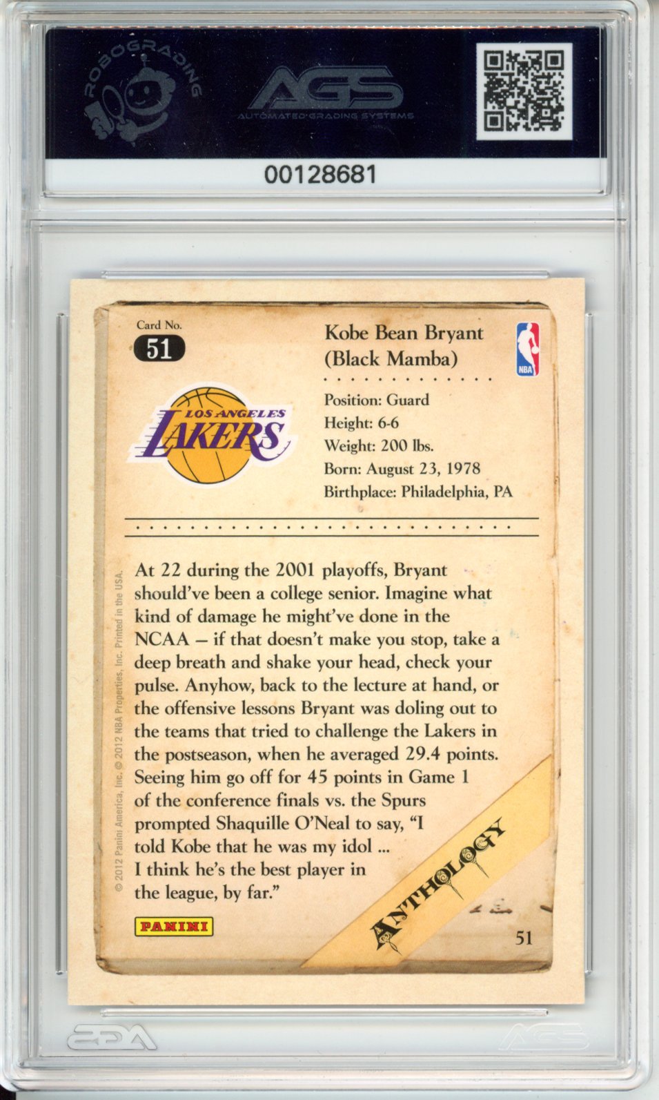 Basketball 2012-13 Panini Kobe Anthology KOBE BRYANT #051 Unlimited AGS 9