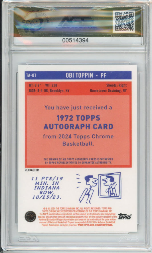 2023-24 TOPPS CHROME BASKETBALL OBI TOPPIN #TA-OT 1972 AUTO REFRACTORS AGS 9.5