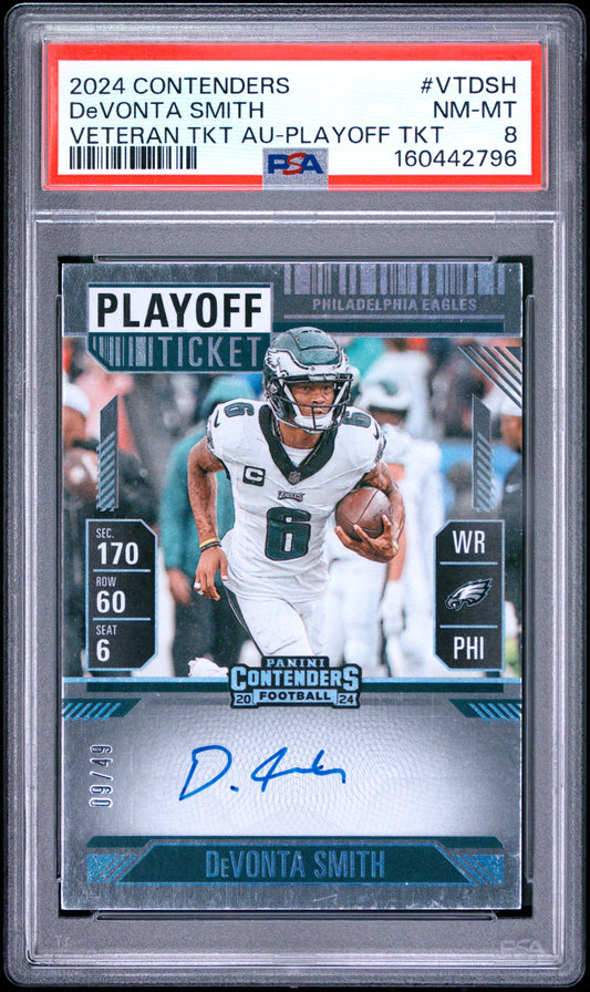 2024 Panini Contenders Veteran Ticket Autographs DeVonta Smith Playoff Ticket VTDSH English PSA 8