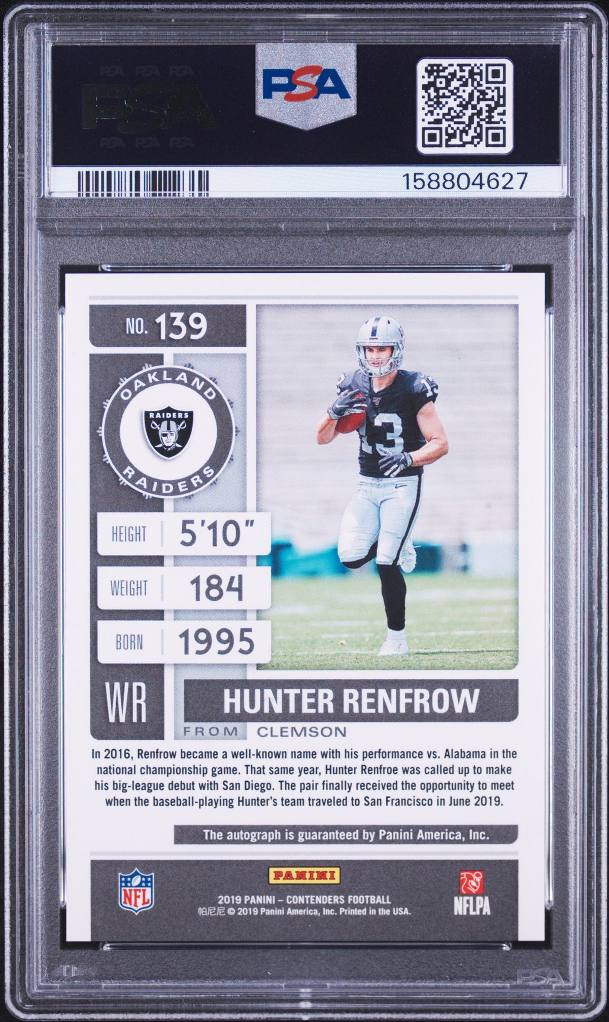 2019 Panini Contenders Hunter Renfrow Autograph 139 English PSA 10