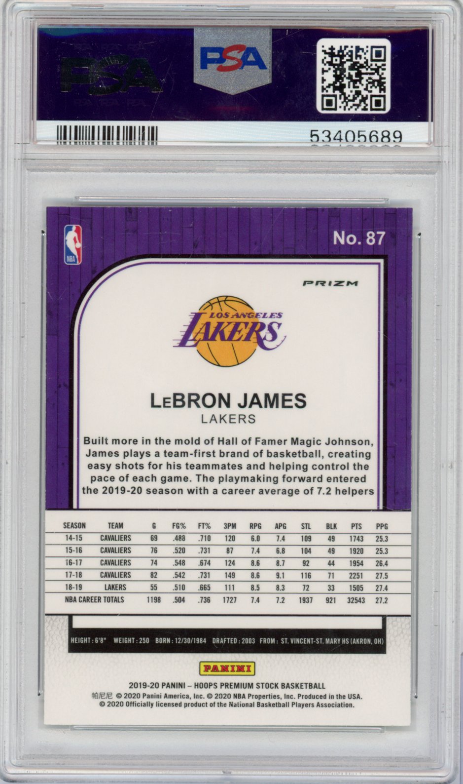 2019 Panini Hoops Premium Stock Basketball Lebron James #87 Pulsar English PSA 9