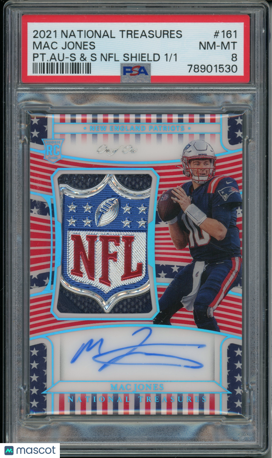 2021 National Treasures Mac Jones #161 Rookie Patch Auto RPA Shield RC PSA 8