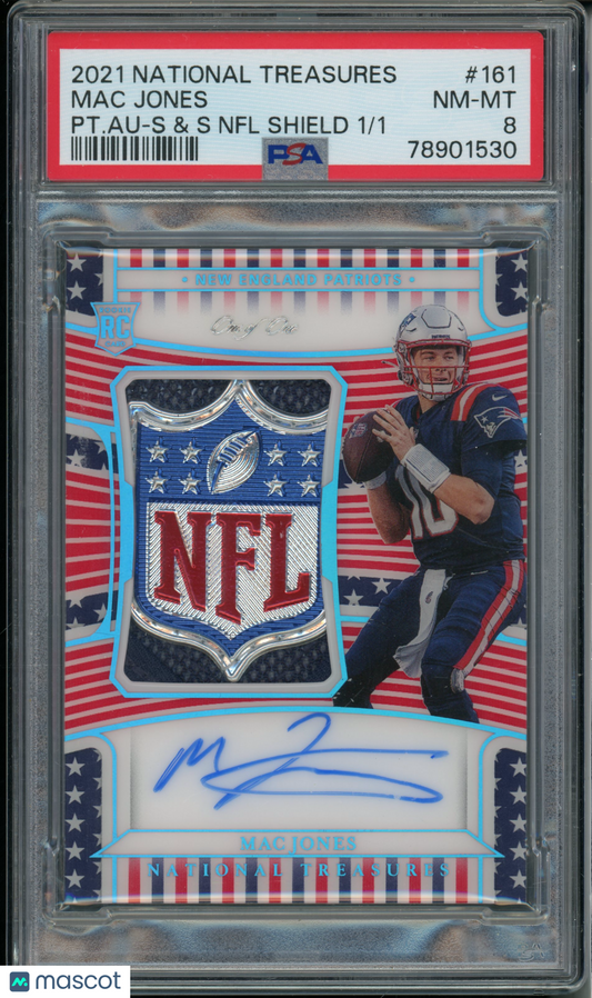 2021 National Treasures Mac Jones #161 Rookie Patch Auto RPA Shield RC PSA 8