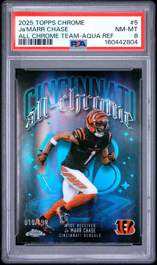 2025 Topps Chrome All Chrome Team JA'Marr Chase Aqua Refractor 5 English PSA 8