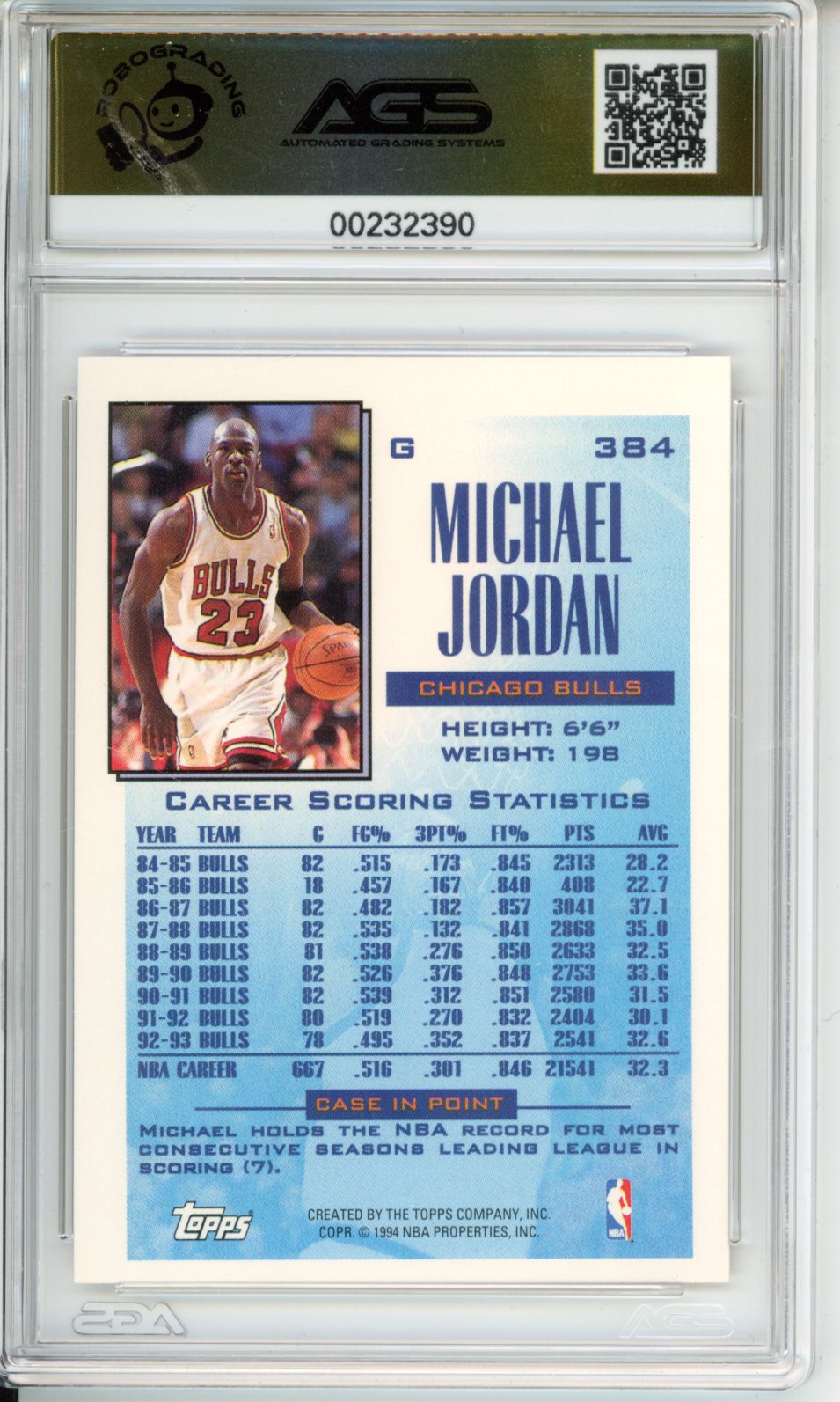 1994 Topps Michael Jordan #384 Reigning Scoring Leader AGS 10
