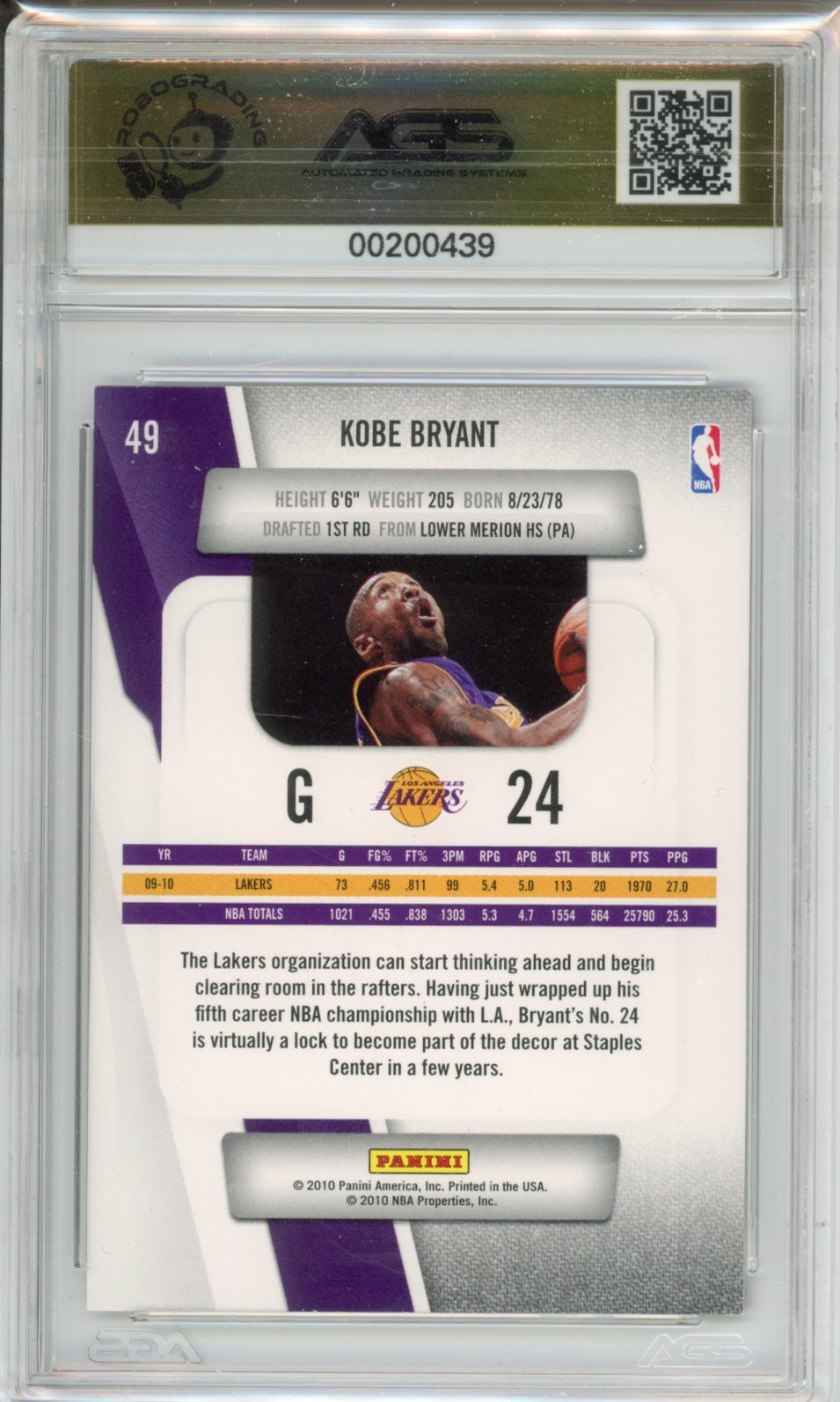 Basketball 2010-11 PANINI PRESTIGE KOBE BRYANT #049 AGS 9.5