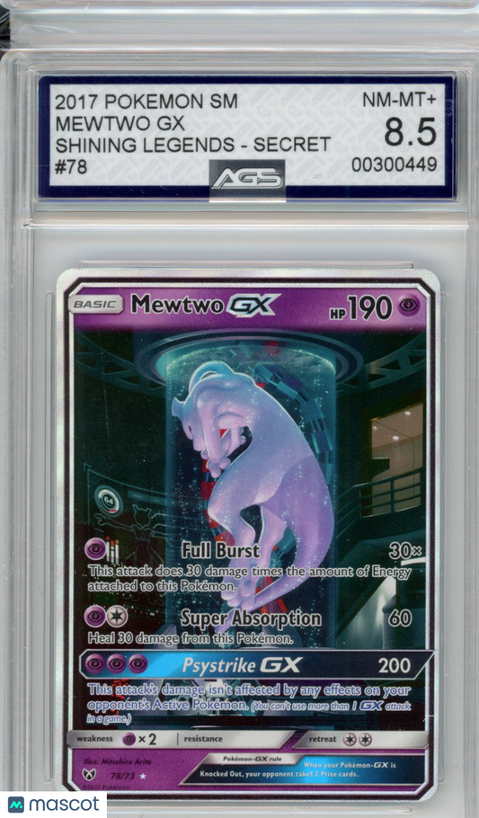 2017 Pokemon Shining Legends Mewtwo GX #078 AGS 8.5