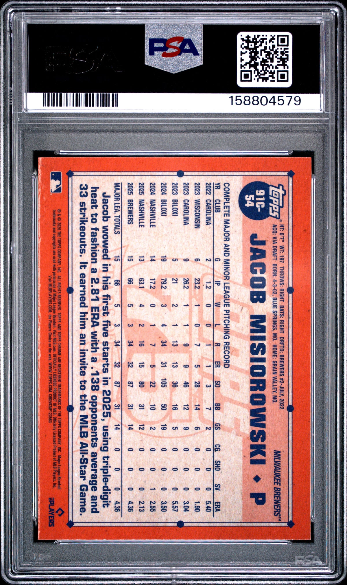 2026 Topps Silver Pack 1991 Chrome Promo Jacob Misiorowski Green 91C-54 English PSA 9