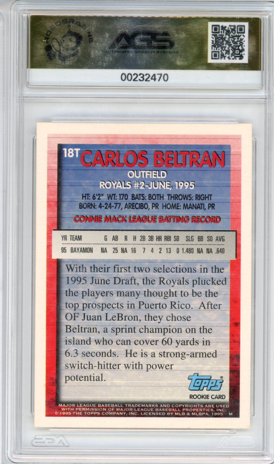 1995 Topps Traded Carlos Beltran #18T AGS 10