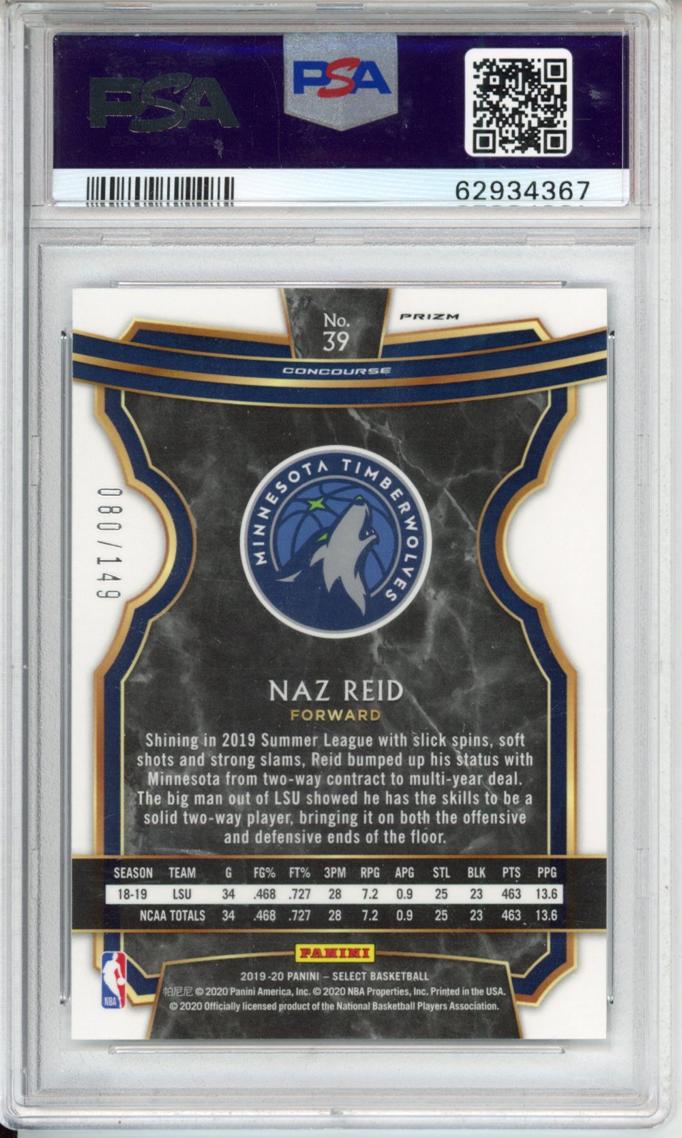 2019 Panini Select Naz Reid #39 White Prizm PSA 10