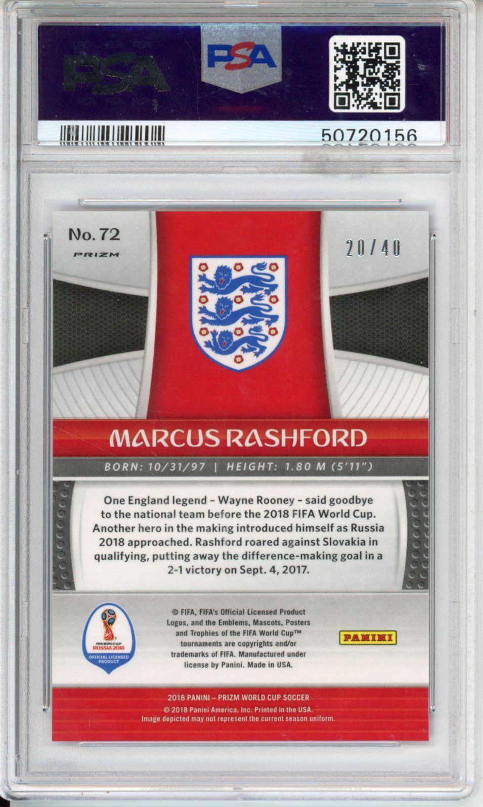 2018 unknown Panini Prizm World Cup Soccer Marcus Rashford #72 Base English PSA 10