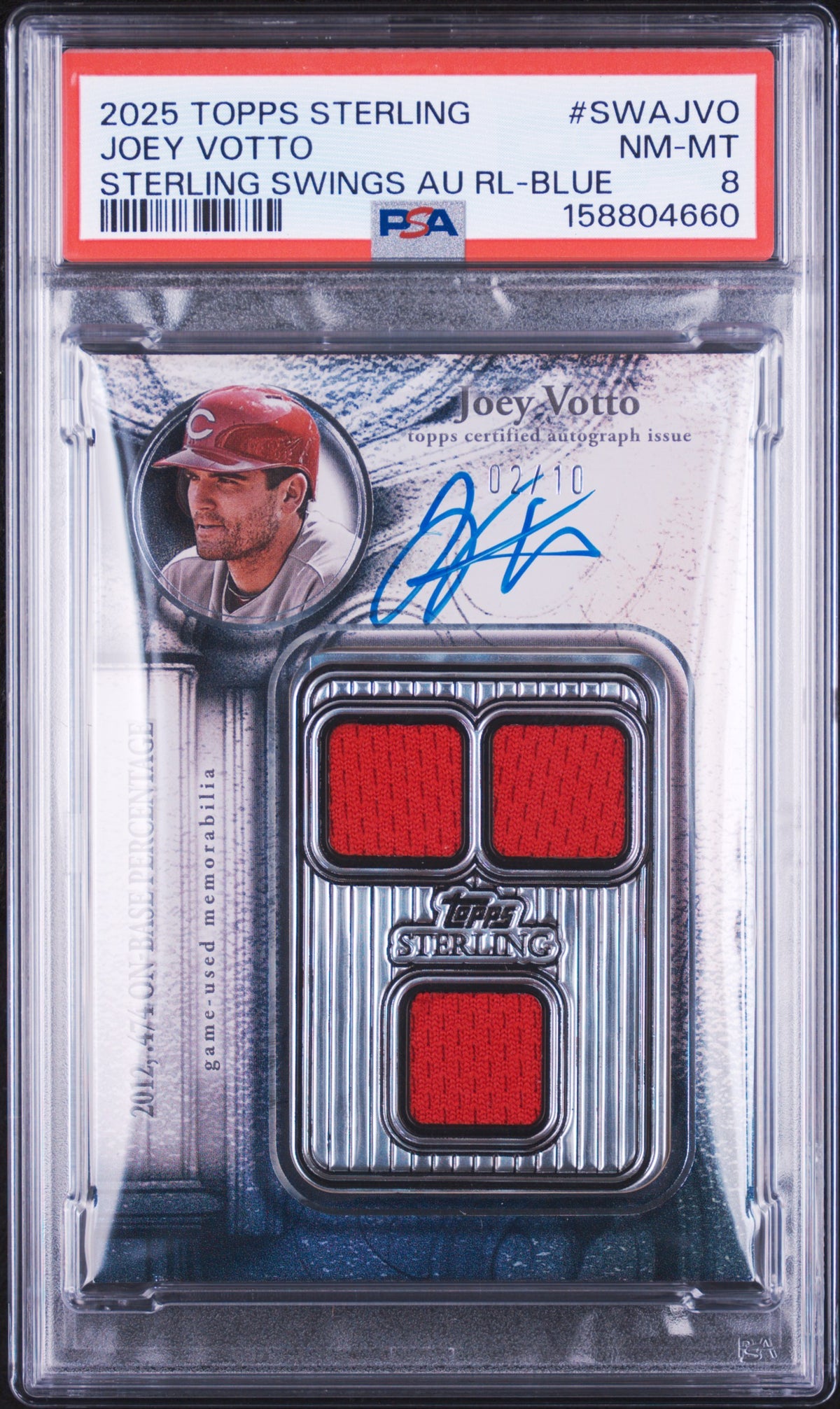 2025 Topps Sterling Sterling Swings Autograph Relics Joey Votto Blue SWAJVO English PSA 8