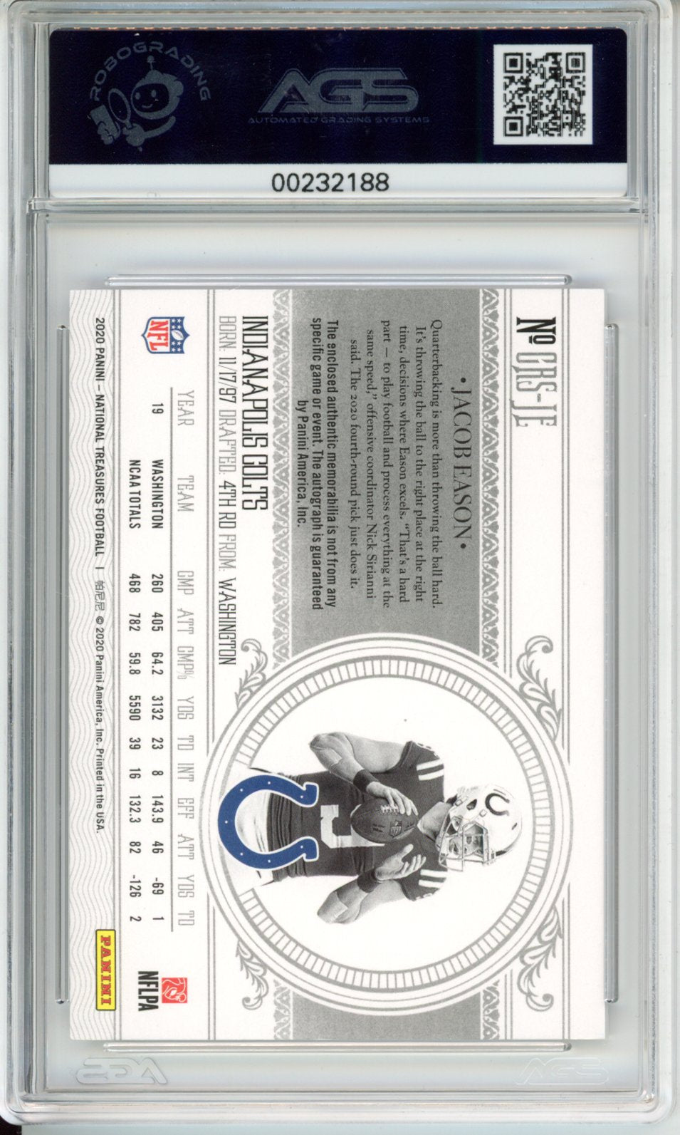 2021 Football 2020 Panini National Treasures Jacob Eason #CRS-JE crossover AGS 9