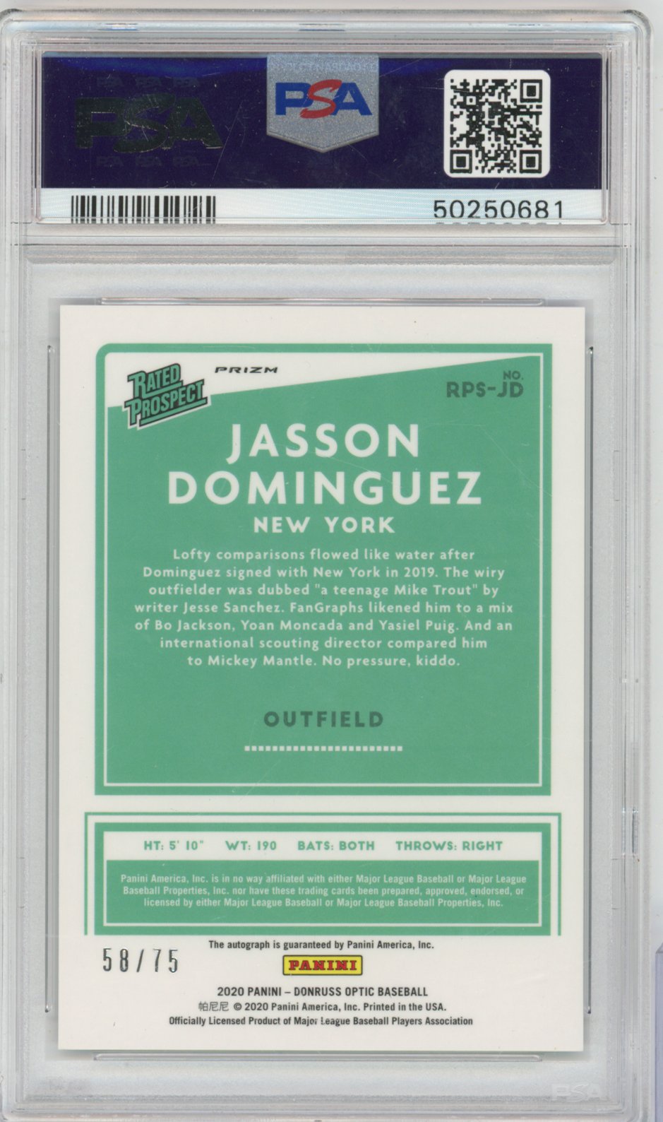 2020 Panini Donruss Optic Rated Prospects Jasson Dominguez Signature-Purple RPSJD English PSA 9
