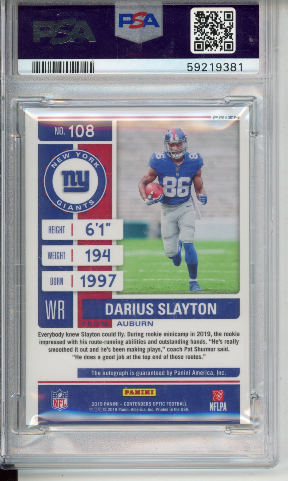2019 Panini Contenders Optic Darius Slayton #108 Autograph PSA 10