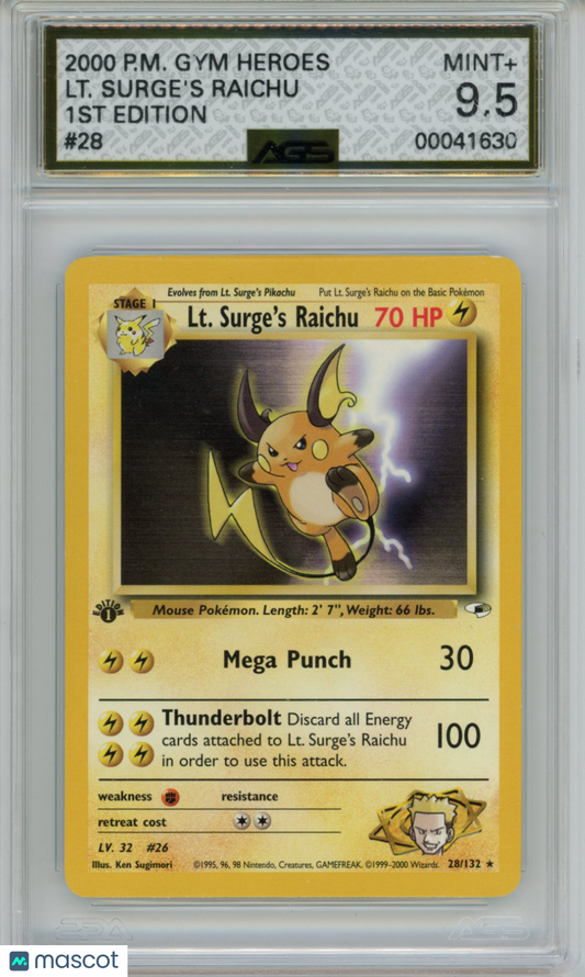 2000 Pokemon Gym Heroes Lt. Surge's Raichu #028 1st Edition AGS 9.5