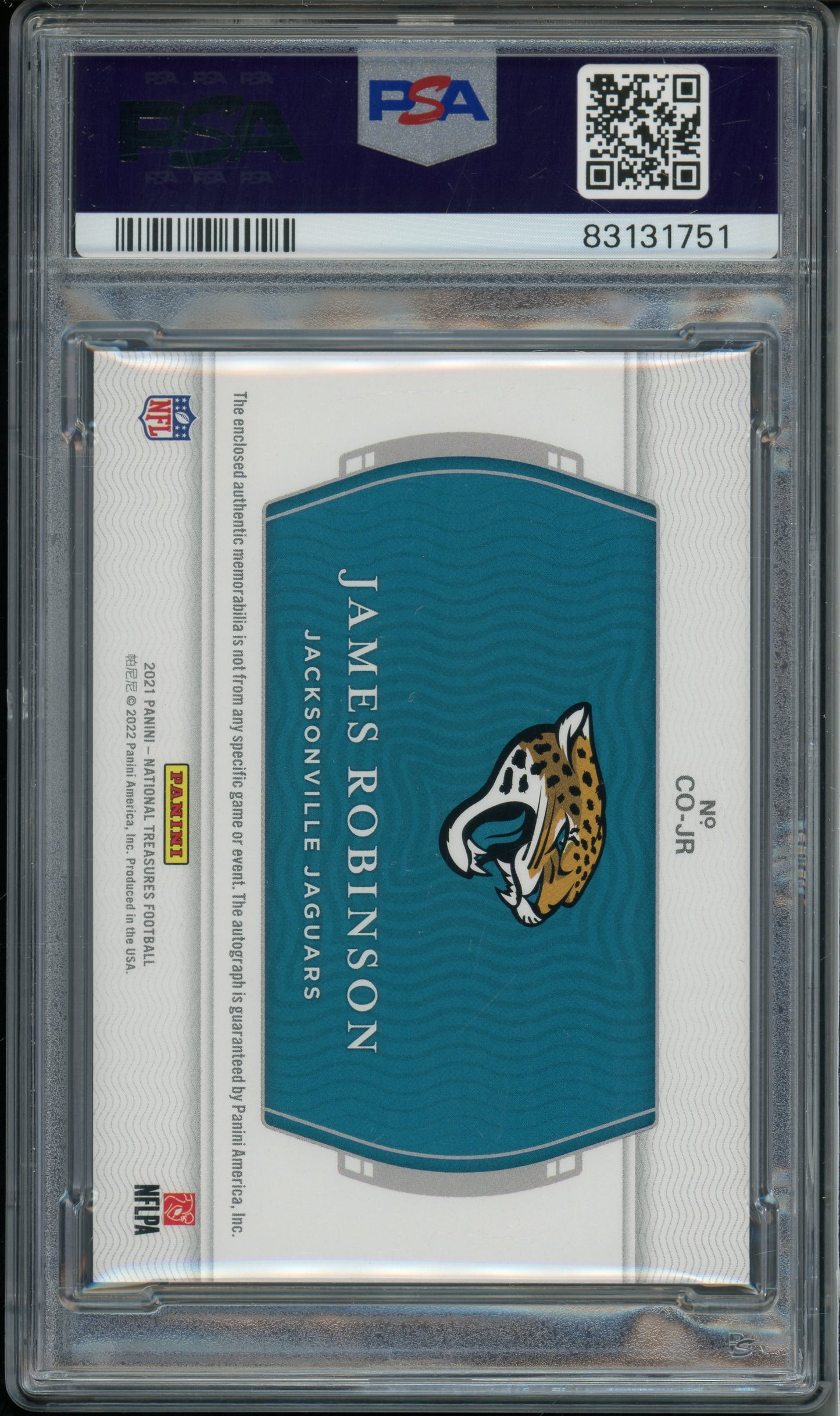 2021 National Treasures James Robinson #JR Colossal Signature NFL Shield 1/1 PSA 8