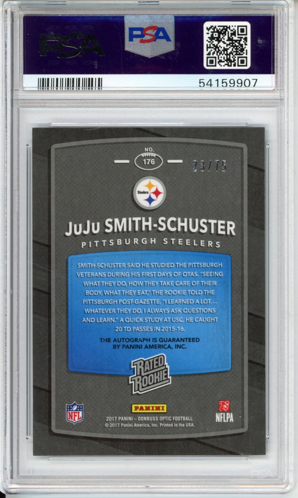 2017 Panini Donruss Optic Juju Smith-Schuster #176 Autograph Blue PSA 10