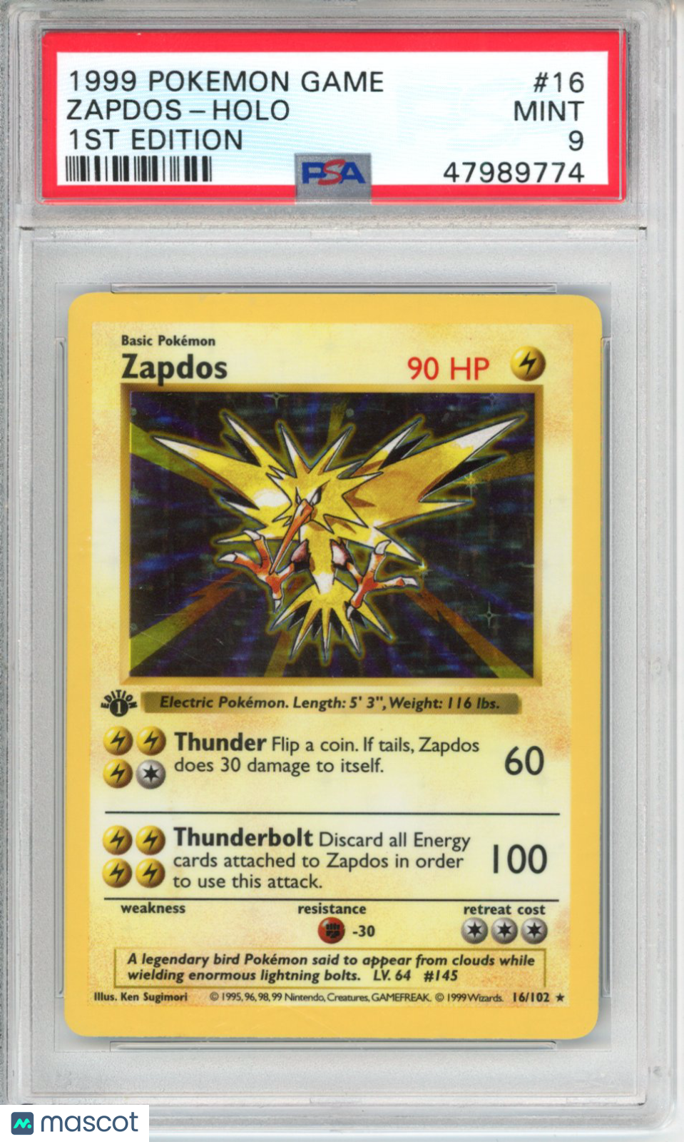 1999 Pokemon Game Zapdos #16 1ST Edition PSA 9