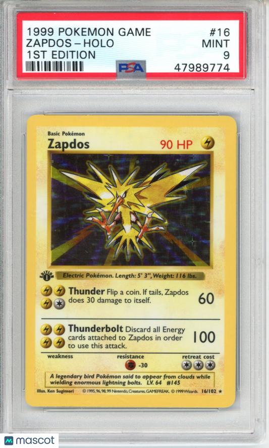 1999 Pokemon Game Zapdos #16 1ST Edition PSA 9