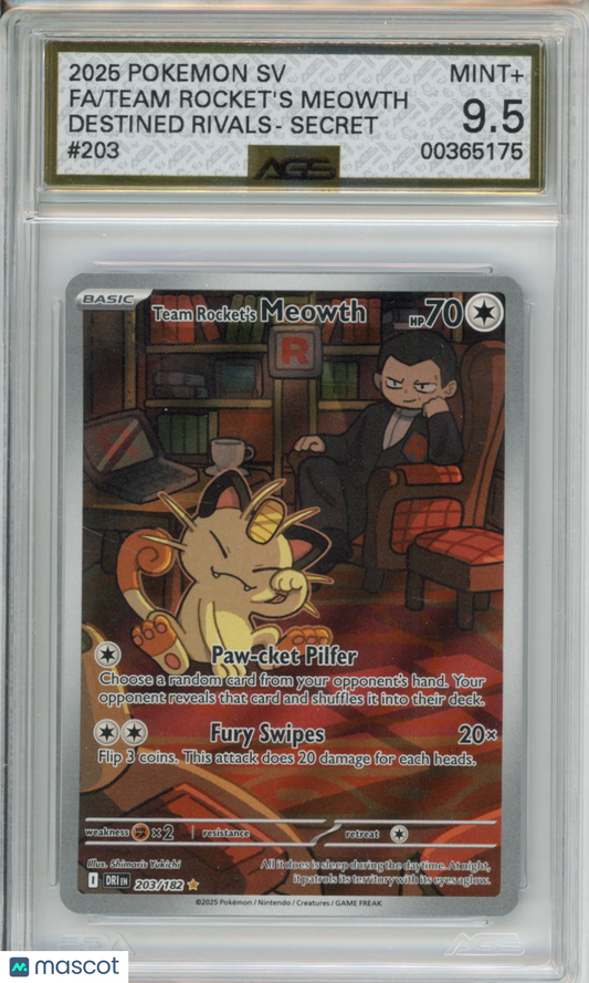 2025 Pokemon Destined Rivals Team Rocket's Meowth #203 AGS 9.5