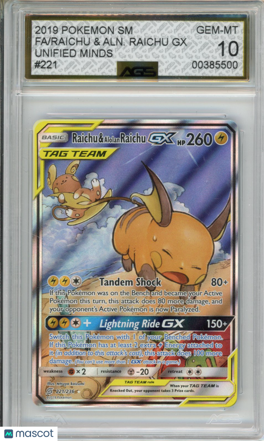 2019 Pokemon Unified Minds Raichu & Alolan Raichu GX #221 AGS 10