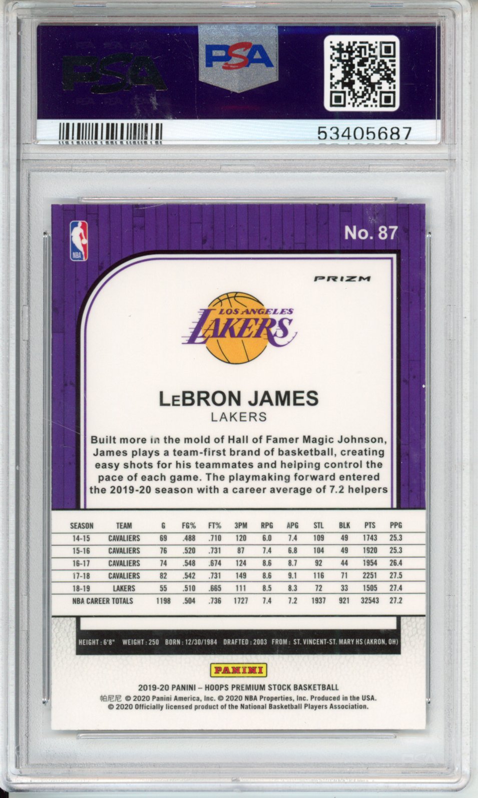 2019 Panini Hoops Premium Stock LeBron James #87 Pulsar PSA 10