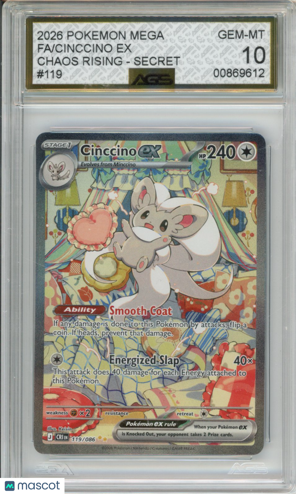 2026 Pokemon CHAOS RISING Cinccino ex #119 Unlimited AGS 10