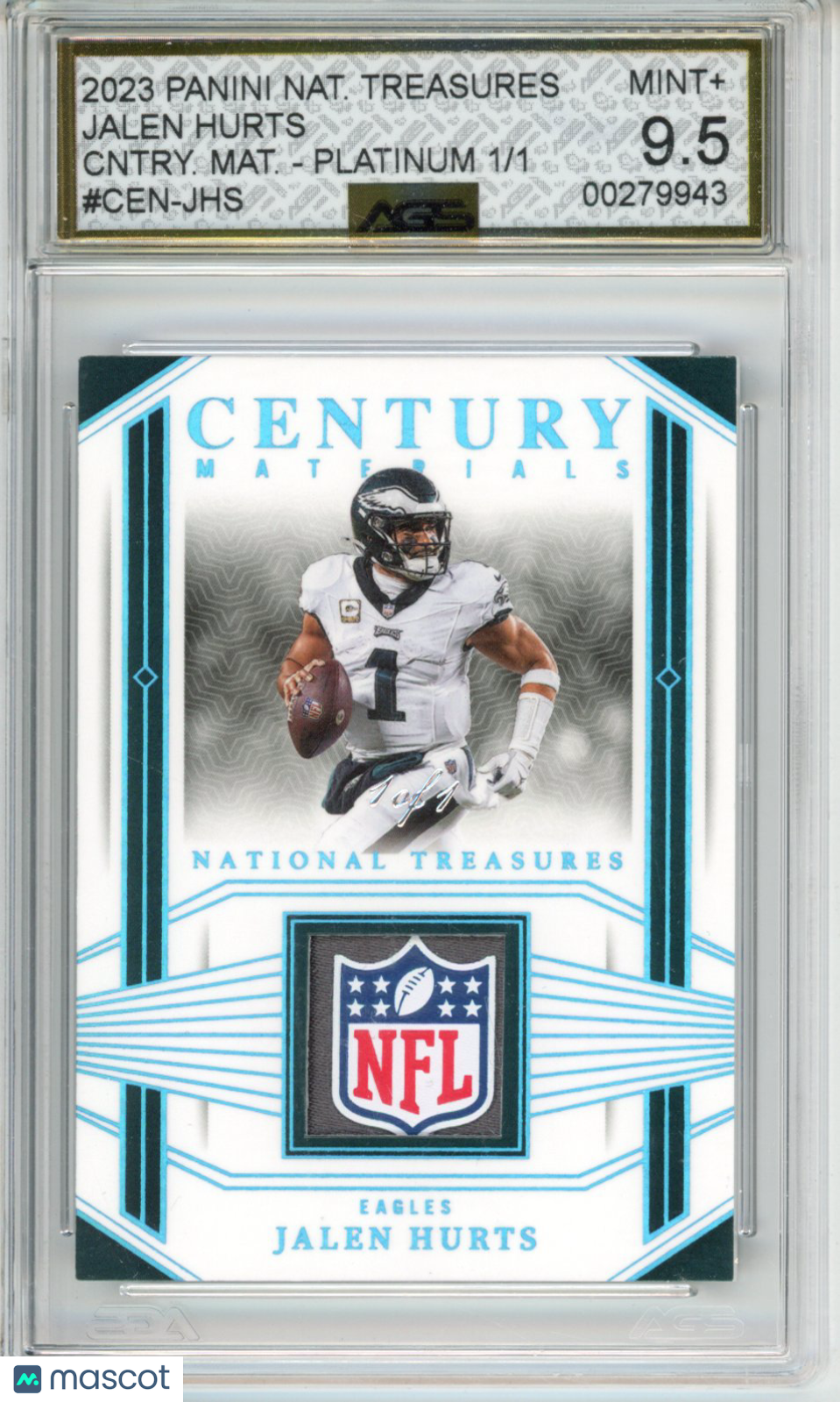 Football 2023 Panini National Treasures JALEN HURTS #CEN-JHS Shield 1/1 AGS 9.5