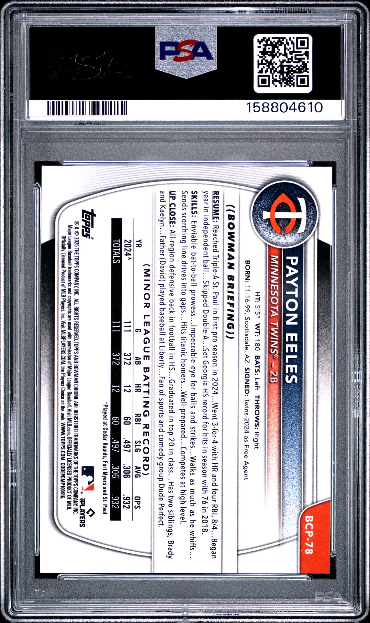2025 Bowman Chrome Prospects Baseball Payton Eeles #BCP-78 Rose Gold Mini Diamond English PSA 8